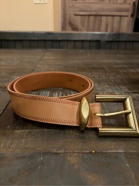 Vintage Eaton’s Tan Leather V-Stitch Belt Worn Brass Hardware Size 40”